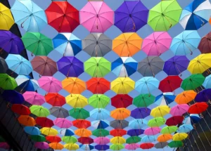 Paraplyn upphängda över en gata